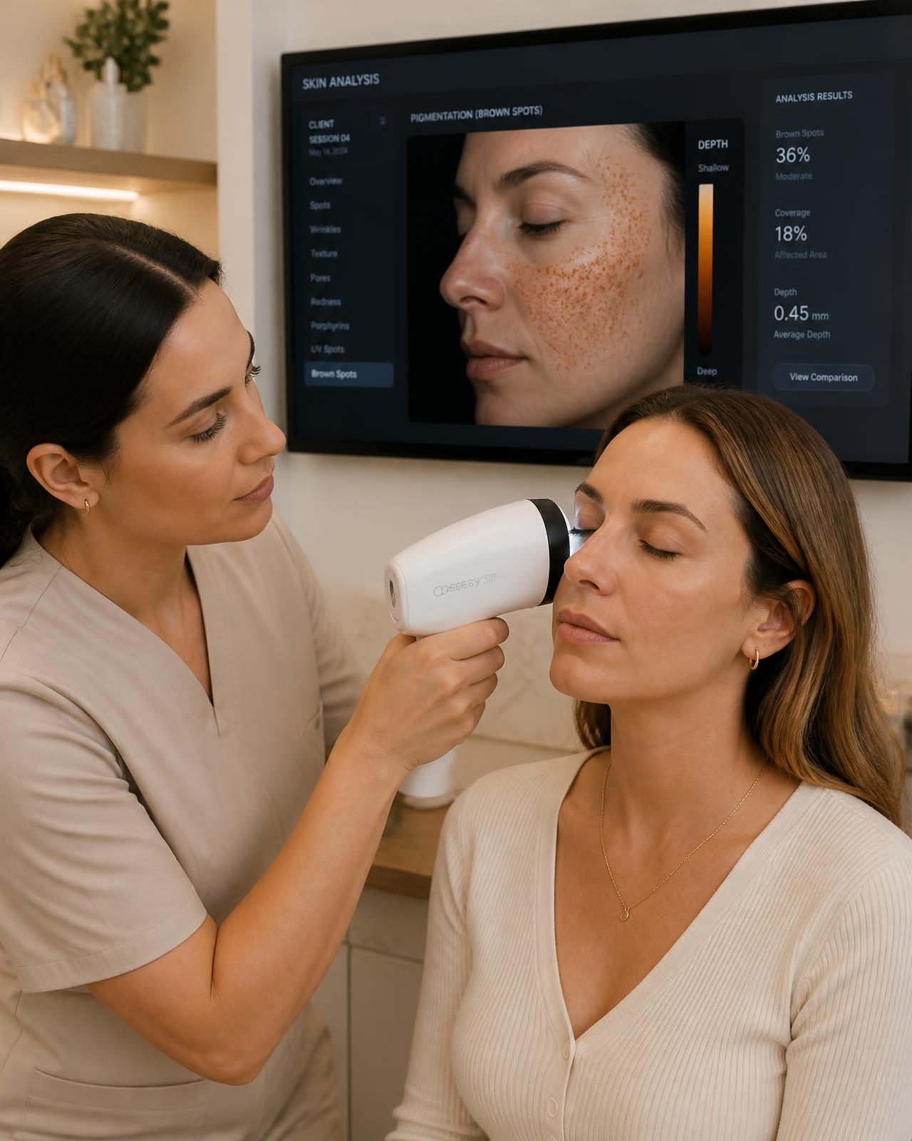 Practitioner assessing pigmentation type and skin condition